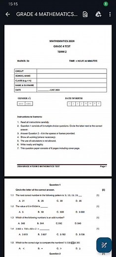 Grade 4 Mathematics Term 2 Test Preparation