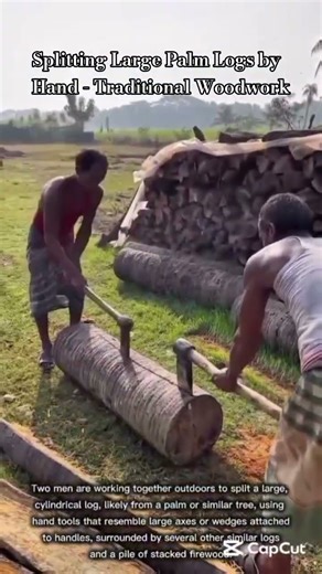 Splitting Large Palm Logs by Hand - Traditional Woodwork