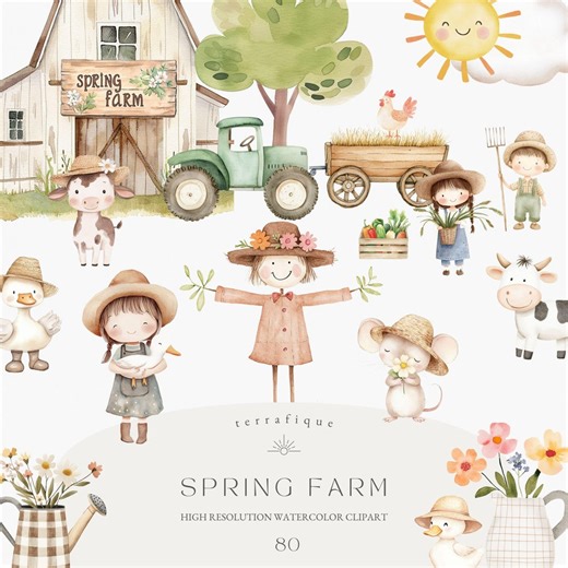 Spring Farm Watercolor Clipart: Kids, Animals, Flowers (PNG) - Etsy