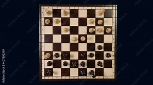 Timelapse top view chess game. Wooden chessboard on a dark background with chess pieces