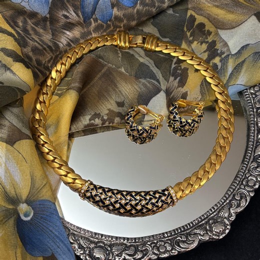 Vintage Butler & Wilson Statement Necklace and Earring Set, Gold-tone, Black Enamel Woven Design, Original Box, Iconic 80s Designer Jewelry - Etsy