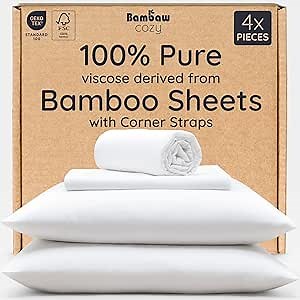 Bambaw 100% Viscose Derived from Bamboo Sheets Full Size Set – 4pcs Cooling Sheets for Hot Sleepers, Super Soft Full Size Sheets, with Elastic Corner Straps, Hotel Luxury Bed Sheets Set (White)