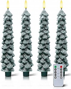 4 PCS Flameless Christmas Tree Candles with Remote, Snow Covered Real Wax Flameless Taper Candles 9.65 Inch, LED Candlesticks Battery Operated with 3D Flickering Flame, Christmas Candles Decor
