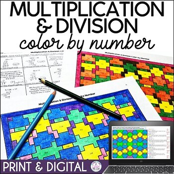 Multi Digit Multiplication & Long Division Coloring by Number Review Worksheets