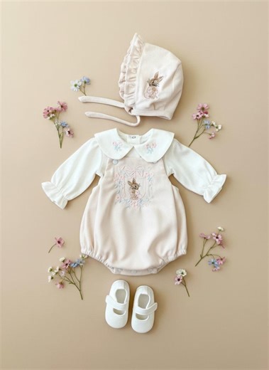 Velvet Easter Romper for Girls With Bunny Embroidery. Set : Romper, Shirt, Bonnet, and Blanket. - Etsy