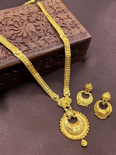 Gold Plated Rani Haar Set, Nepali & Indian Bridal Jewelry, Long Necklace for Wedding, 24k Gold Finish Mala, Ethnic Bride Gift With Earrings - Etsy