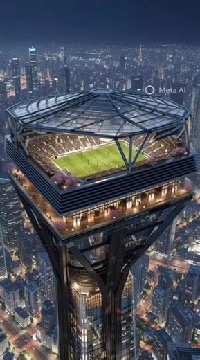 A conceptual architectural rendering of a skyscraper with a football (soccer) stadium