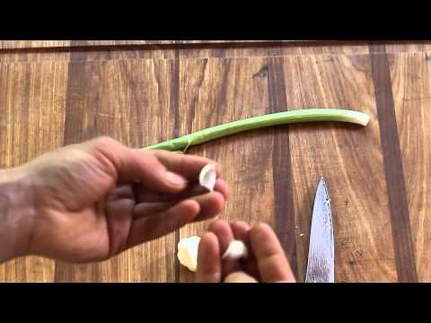 Trimming green garlic for cooking
