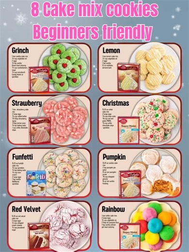 8 Cake Mix Cookies You’ll Love from the First Bite! 🍪 Soft, chewy, and bursting with flavor — these cake mix cookies are the easiest treats you’ll ever bake! Perfect for holidays, parties, or a sweet pick-me-up any day. 💕 🎅 1. Grinch Cake Mix Cookies Ingredients: 1 box vanilla cake mix ½ cup vegetable oil 2 eggs Green food coloring Heart-shaped red sprinkles Instructions: Mix cake mix, oil, and eggs until smooth. Add green food coloring until you get that Grinchy hue. Scoop dough onto a bakin