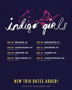 46K views · 565 reactions | NEW TRIO DATES  Presale on now - code: LOOKLONG Public Onsale: Fri, July 26 @ 10am EST 12/3 - Red Bank, NJ 12/4 - Staten Island, NY 12/6 - Medford, MA 12/7 - New London, CT 12/9 - Burlington, VT 12/10 - Rochester, NY 12/13 - Warren, OH 12/15 - Charlottesville, VA Tickets: https://www.indigogirls.com/ | The Indigo Girls | Facebook