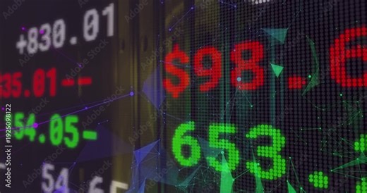 LED ticker refreshing, numbers flipping, $¥€ signs updating, camera panning, showing market feed