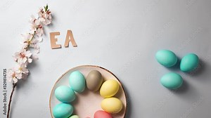 hand makes easter text from craft paper letters on easter table. branch with flowers and colored eggs on a blue background. spring holiday concept, 4K