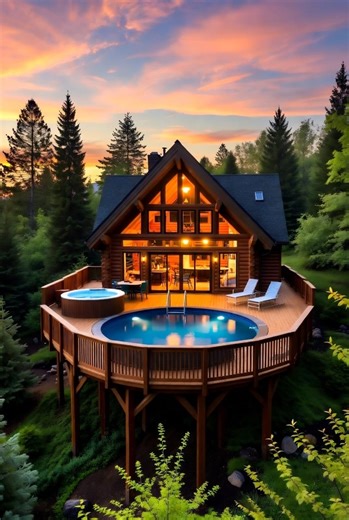 Amazing Cozy Log Cabin with Pool #cozyhome #cabin #pool #usareels #fyp | Inspiring Designs TV