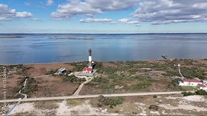 Fire Island lighthouse in 4K via Drone looking North towards the Great South Bay