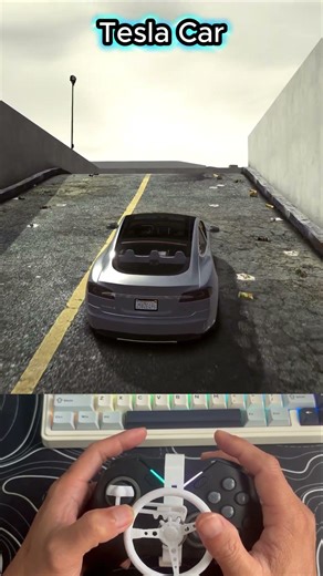 Driving a Tesla Car with a Crazy Mini Steering Wheel!