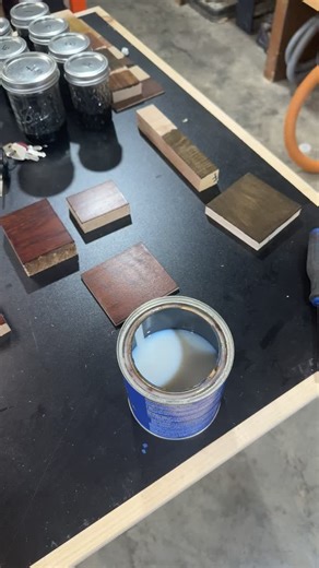 Mixed up a few dye samples with Transtint. Applying General Finishes High Performance Topcoat when the inspector stopped by. #woodworking #generalfinishes #chicken #rooster #cabinets #finishing #woodshop