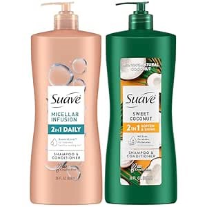 Suave Shampoo and Conditioner 2-in-1 Variety 2-Pack – Micellar Infusion & Sweet Coconut for All Hair Types, 28 Oz Ea