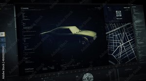 Police drone detects the target vehicle for the x-ray analysis. Police drone is using the x-ray scanner to examine the car. Police drone has spotted the target object in the trunk after x-ray analysis