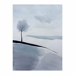 Original Winter Watercolor Painting: Minimalist Blue and Gray Landscape With Tree (12x16 In) - Etsy