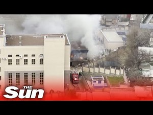Moment huge explosion erupts at border patrol building in Russia killing at least one