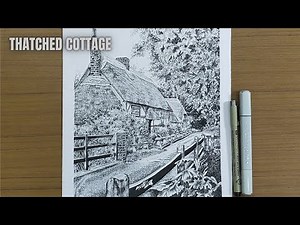 HOW TO DRAW THATCHED COTTAGE HOUSE IN A BEUTIFUL LANDSCAPE || DRAW WITH ME : USING PEN & MARKER