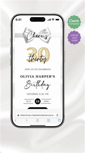Minimal White Bow Birthday Invitation Canva, Editable, RSVP Music Countdown, 30th 40th 50th 60th