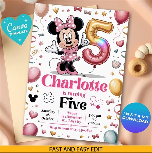 Editable Minnie Mouse 5th Birthday Invitation, Mickey Theme Party Invite, Printable Kids Birthday Card, Personalized Mickey Mouse Party - Etsy