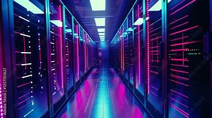 Data center with endless servers. Network and information servers behind glass panels. Server room with twinkling lights. Servers racks walkthrough in Modern data center. Cloud computing datacenter.