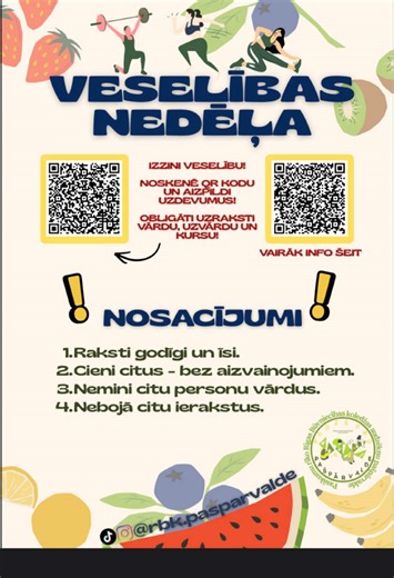 Veselības nedēļa🏆⛳️ No 9. līdz 20. martam norisināsies Veselības nedēļa “Soli pa solim”. Aicinām visus audzēkņus iesaistīties aktivitātēs! 09.03.-13.03.– “Soli uz priekšu” Atrodi cilvēku, kurš piekopj veselīgu dzīvesveidu, nofotografē viņu (protams, ar viņa piekrišanu) kustībā un ievieto attēlu Instagram, ietagojot pašpārvaldes kontu. 09.03.–20.03. – “Iesim kopā” Krāj soļus kopā ar savu kursu un laimē balvas! Skaitat soļus aplikācijā “StepUp Pedometer Step Counter”. Līdz 20. martam klases vecāk