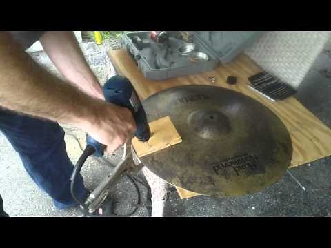 Drilling Rivets into a Sabian HH Raw Ride to make a sizzle cymbal. HOW TO DIY. (Do it yourself.)