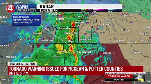 Watch WIVB News 4's live coverage on the Tornado Warning issued for McKean and Potter counties here: https://trib.al/ZMwXiid | News 4 WIVB Buffalo
