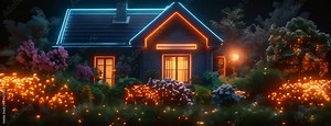 Develop an icon using digital means to symbolise a Home and Garden in Neon Colors,generative ai