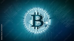 Bitcoin BTC Currency Sign Digital Animation with electronic background