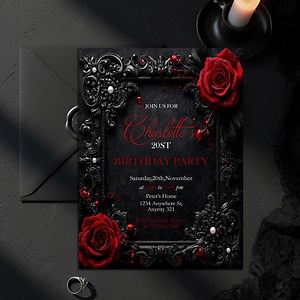 Gothic Floral Party Invitation: Red Roses, Dark Elegant Evite (editable Canva Template, Digital Download) - Etsy