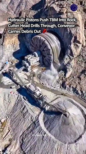 Watch How TBM Push Cutter Head against rocks, drills through Mountain, conveyor carries debris Out