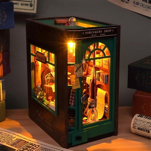 Sorcerer's Magic Shop Book Nook Kit | 3D Wooden Puzzle Miniature Bookshelf Decor (LED Light)
