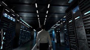 Insurance. IT Administrator Activating Modern Data Center Server with Hologram.