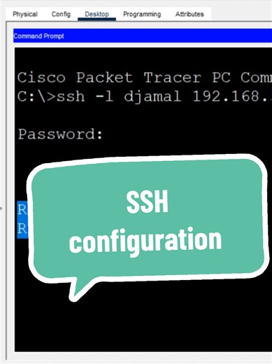 TechWithDjamal – Description 🔐 SSH Remote Access | Cisco Packet Tracer Lab In this video, I configure SSH on a router to allow secure remote access from a PC. This is a safer alternative to Telnet because the connection is encrypted. #Cisco #Networking #PacketTracer #SSH #RouterConfiguration