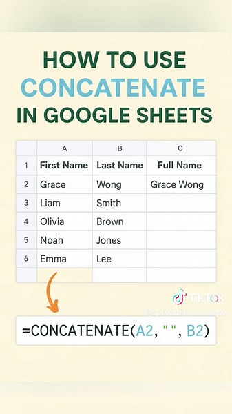 How to Use CONCATENATE in Google Sheets Need to combine first and last names in Google Sheets? Use the CONCATENATE function to merge data from multiple cells into one — it's fast, simple, and super useful for any spreadsheet task. Formula Used: =CONCATENATE(A2,