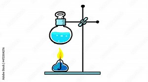 Cartoon burner with fire and stock on arm . Physics, chemistry, biology. Experiment illustrating chemical process. Cartoon good for educational meterials, etc...