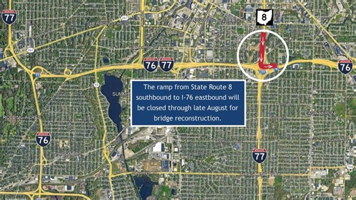 New detour in Akron after ODOT closes ramp from Route 8 South to I-76 East at Central Interchange through late August