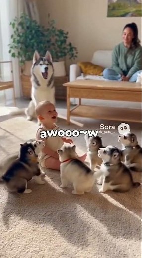 Baby Surrounded by Adorable Husky Puppies Starts Howling! 🐺👶😂