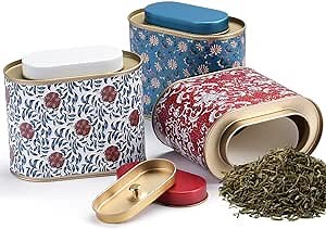 Homaisson 3 Pcs Large Tea Tins for Loose Tea With Lid, 3.53~7oz Metal Sealed Tea Tins, Ergonomic Oval-shaped Tea Canisters, Small Moisture-proof Tea Containers, Floral Tea Cans for Coffee Candy Herbs