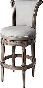 Maven Lane Pullman Bar Stool – 31 Inch Swivel Stool with Footrest – Grey Solid Wood Frame & Grey Fabric Upholstery – Perfect for Bars, Pub Tables & Tall Kitchen Counters