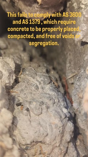 Concrete slab defect – non-compliant workmanship Significant honeycombing and voids observed, with a large area of concrete missing and exposed aggregate. This indicates inadequate compaction and poor placement, resulting in reduced strength, durability, and potential loss of structural performance. #ConcreteDefects #Honeycombing #NonCompliantWork #as3600 #DefectCloseout | Elite Property Inspections