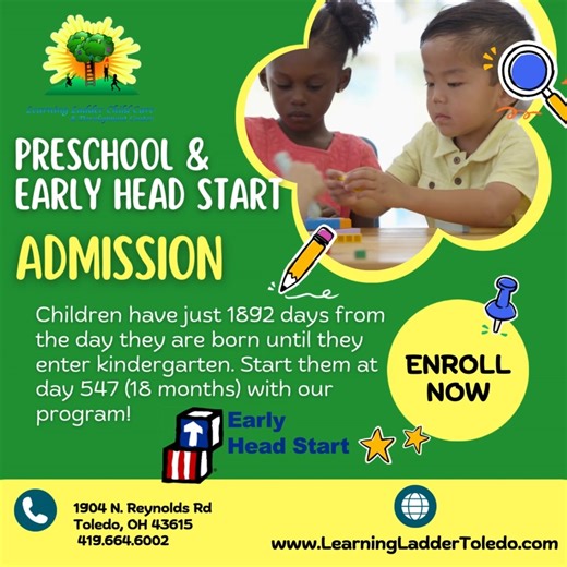 What is Early Head Start, and why does it matter? Early Head Start focuses on whole-child development, supporting learning and family stability during the most critical years of brain development. At Learning Ladder, Early Head Start includes: 🧠 Developmentally appropriate curriculum ❤️ Emotional and social development 📚 Early literacy and math foundations 👨‍👩‍👧 Family-centered support The earlier the investment, the stronger the outcome. ✨ January families may qualify for up to 30 days FRE