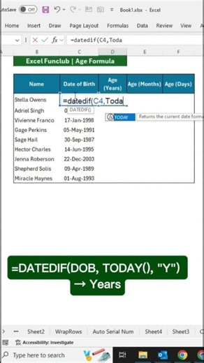 Excel Formula to Calculate Age‼️ Excel tips and tricks #exceltips #exceltricks #exceltutorial #explore | excel_funclub