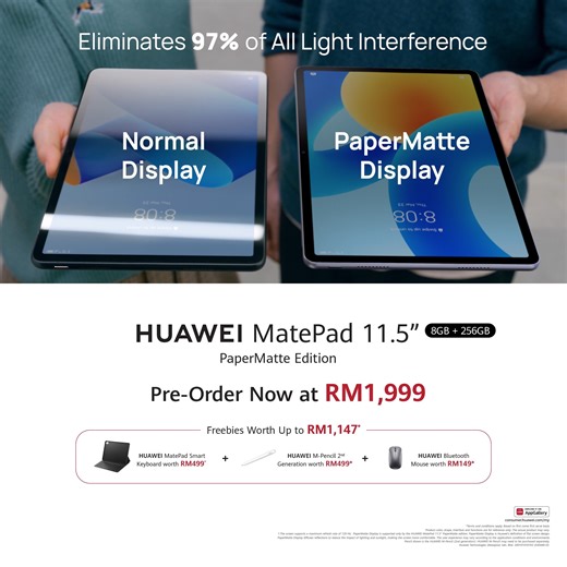 Enjoy clear viewing no matter where you are with better eye protection! The HUAWEI MatePad 11.5-inch PaperMatte Edition reduces light interference by 97%, perfect for outdoor tasks, creative pursuits, and entertainment. Pre-order now and get FREEBIES 🎁 worth up to RM1,147*! Pre-order now: 🛒 HUAWEI Official Website bit.ly/MatePad11-5-PM-HWS *Terms and conditions apply. While stock last. #HUAWEI #HUAWEIMY #HUAWEIMatePad115 #HUAWEIPaperMatteEdition #BestEyeProtectionTablet #Tablet | Huawei Mobile