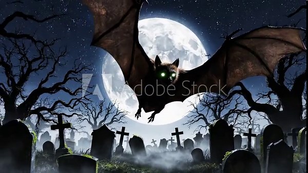A nocturnal scene of a bat flying over a graveyard with a full moon in the background