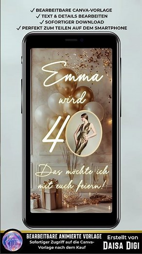 40. Geburtstag Video Einladung Gold Beige | Elegante Canva Einladung